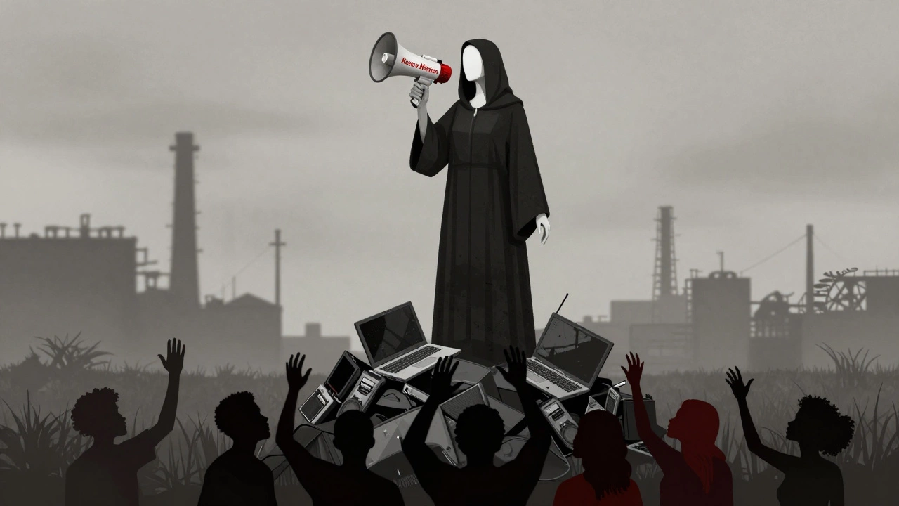 A faceless savior figure towers over broken tech and police equipment, silhouetted workers reach up below.