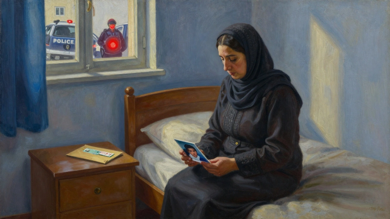 An Algerian migrant woman sits on a bed with a photo of her children, rent money beside her, morning light streaming in.