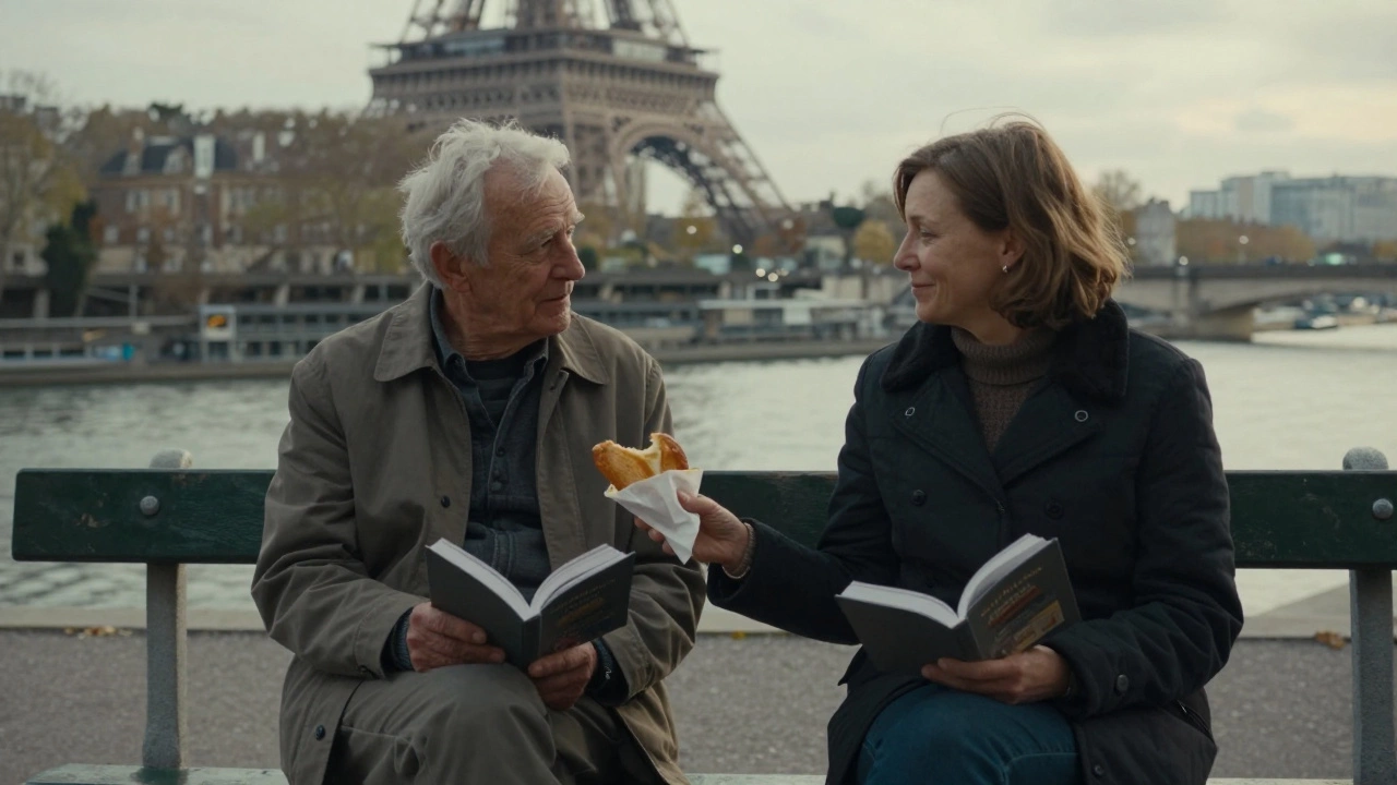 An elderly man and woman sitting quietly on a Seine bench, exchanging a pastry, Eiffel Tower in distance.